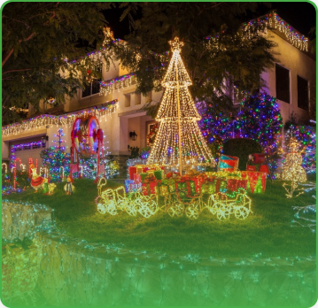 image3 Festive suburban house yard packed with vibrant Christmas decorations, LED trees, gift boxes, reindeer, and glowing holiday lights.