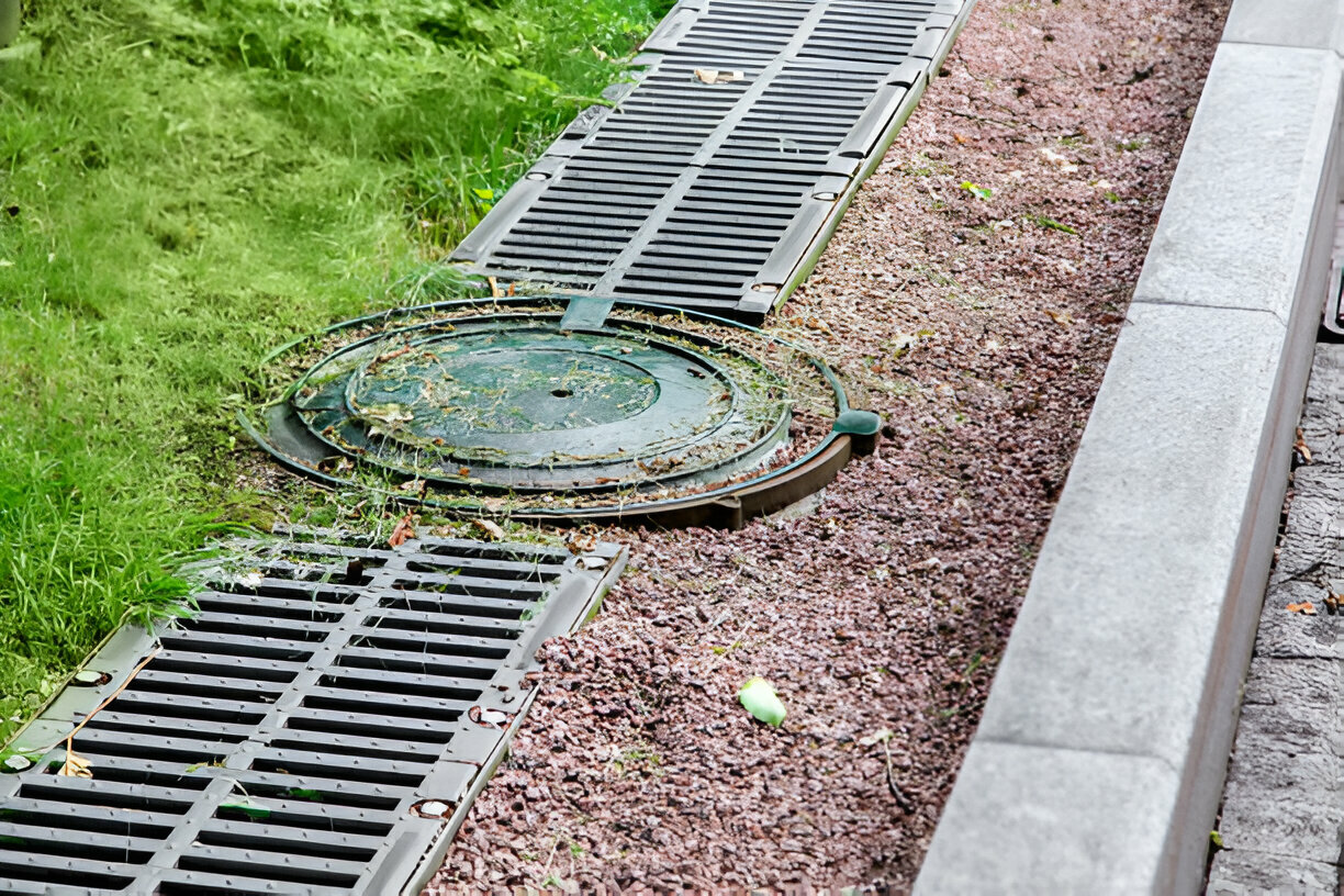 Plastic drainage grates with a septic tank cover integrated into gravel and grass along a residential curbside.