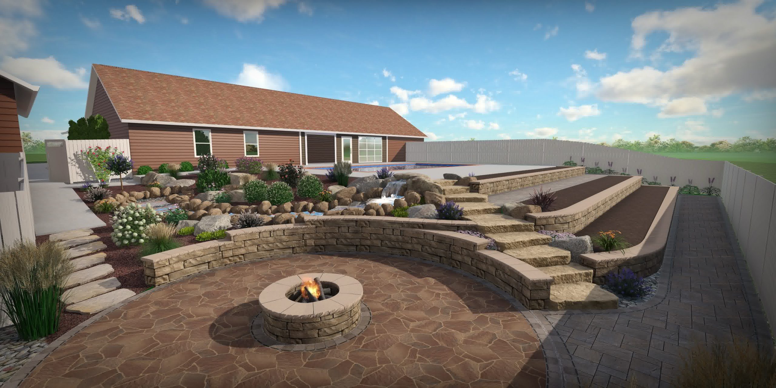 go perfection artificial turf bastrop tx low maintenance lawns scaled - Perfection Lawn & Landscape LLC 3D landscape design of backyard with curved fire pit seating, tiered garden beds, stone stairs, and cascading water feature.